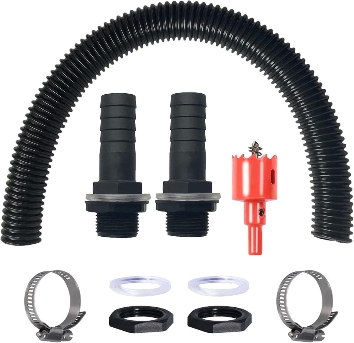 Regentonverbindingsset, regentonconnector, met 0,5 m slang, slangsteunen, afdichtringen, buisklemmen van roestvrij - ShopVlot