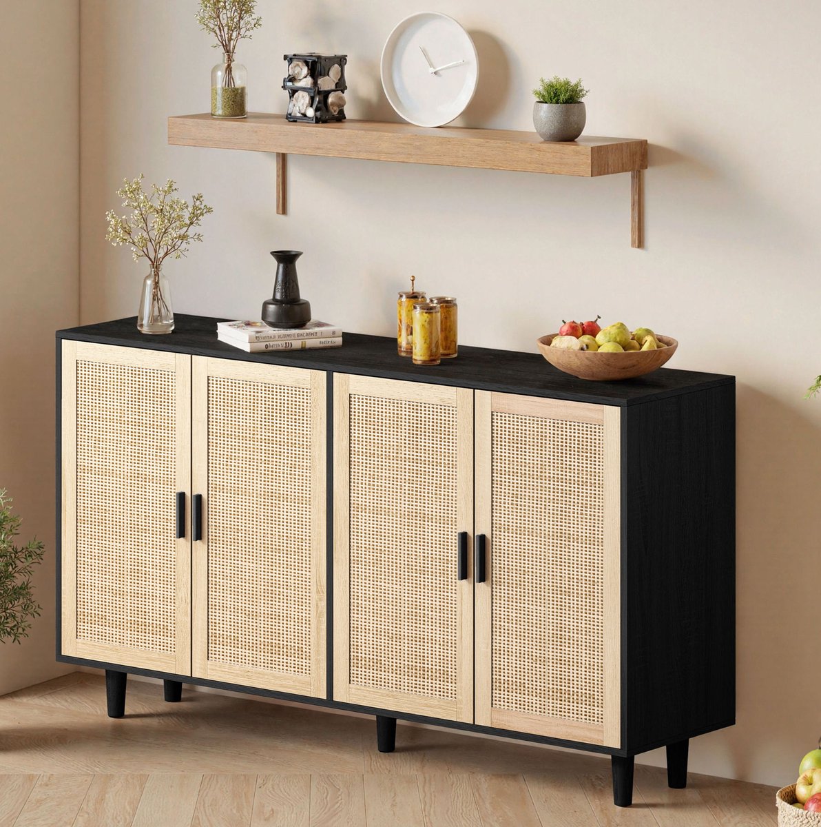 WUVRIE Dressoir 158 x 40 x 88 cm - 4 deuren met rotan - Verstelbare plank - Zwart