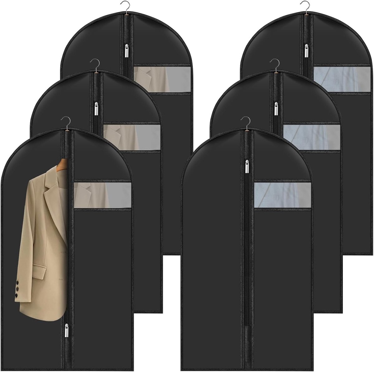 Kledinghoezen, 60 x 100 cm, 6 stuks, beschermhoes voor kleding, stofdicht, waterdicht, met ritssluiting, overtrek voor kleding om op te hangen, voor overhemden, kostuums, jassen, kleding