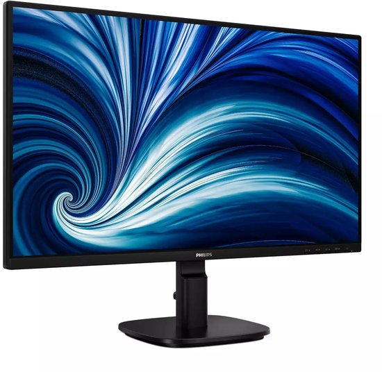 Philips monitor met dunne rand, zwart ontwerp en abstract blauw spiraalvormig schermbeeld.