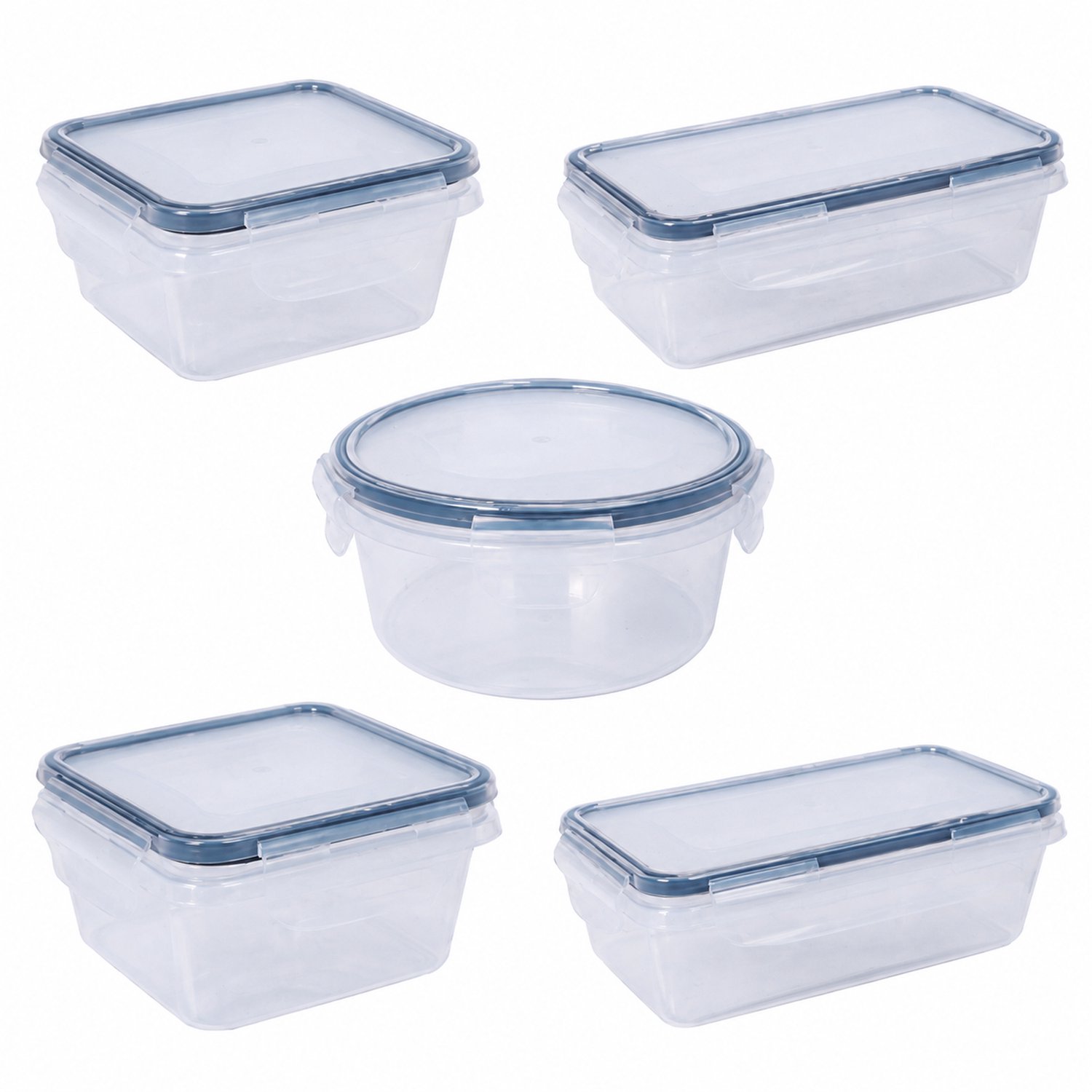 Broodtrommelset met 16 PP-bewaarbakjes met deksels, vijf inhoudsmaten voor lunch en koelkastopslag