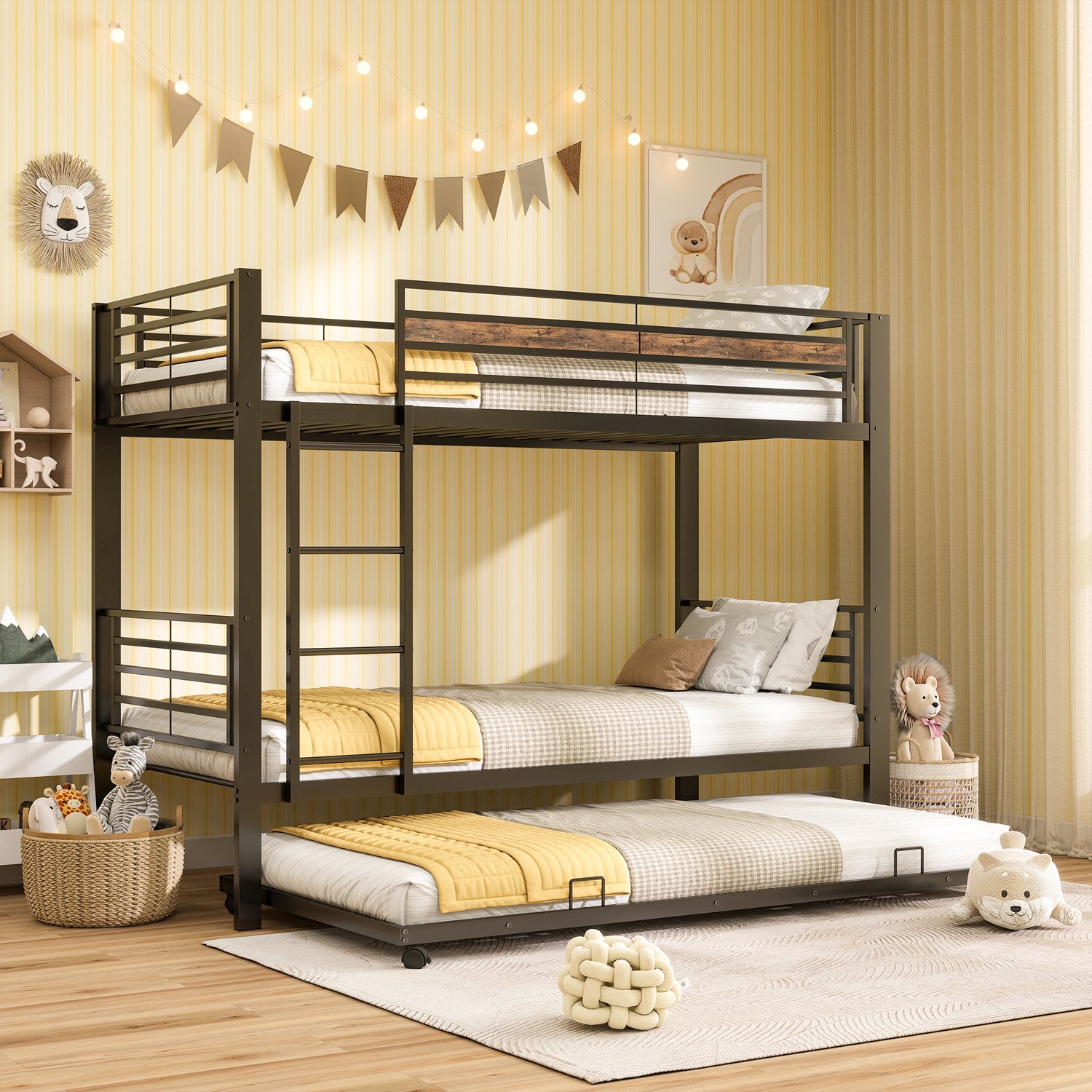 COVREO Stapelbed met uitziehbed – 90x200 cm – Kinderbed met ladder en valhek – voor 3 personen – Zwart - zonder matras