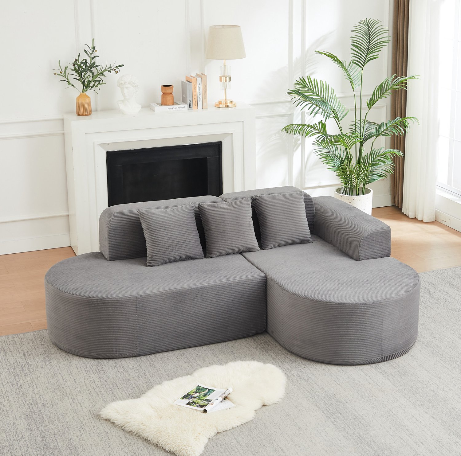 Wishdor L-vormige hoekbank met liggedeelte en 4 zitplaatsen - Gebogen rugleuning en armleuningen - Modern design - Woonkamer speelkamer verblijfsruimte - Ribfluweel - Grijs - 220 x 155 x 70 cm