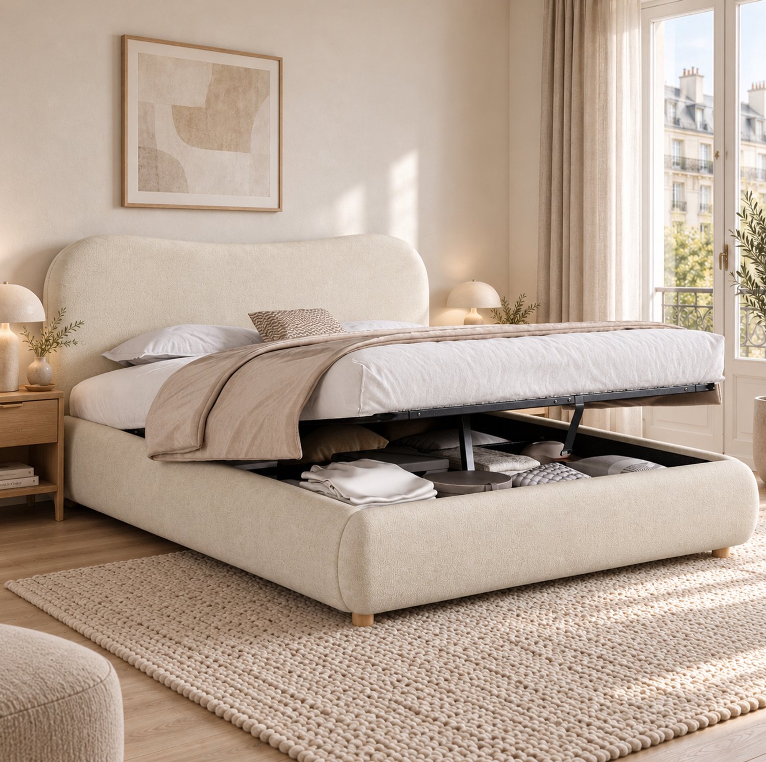 MODENUIT Bed – 160 x 200 cm – Hydraulische Opbergruimte – Chenille – Beige – Lattenbodem – Met Hoofdbord