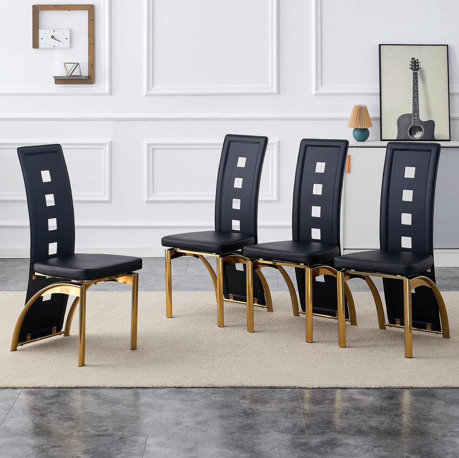 OKWISH Eetkamerstoel - Set Van 2 - Zwart Goud - Kunstleer - Hoge Rugleuning Met Open Patroon