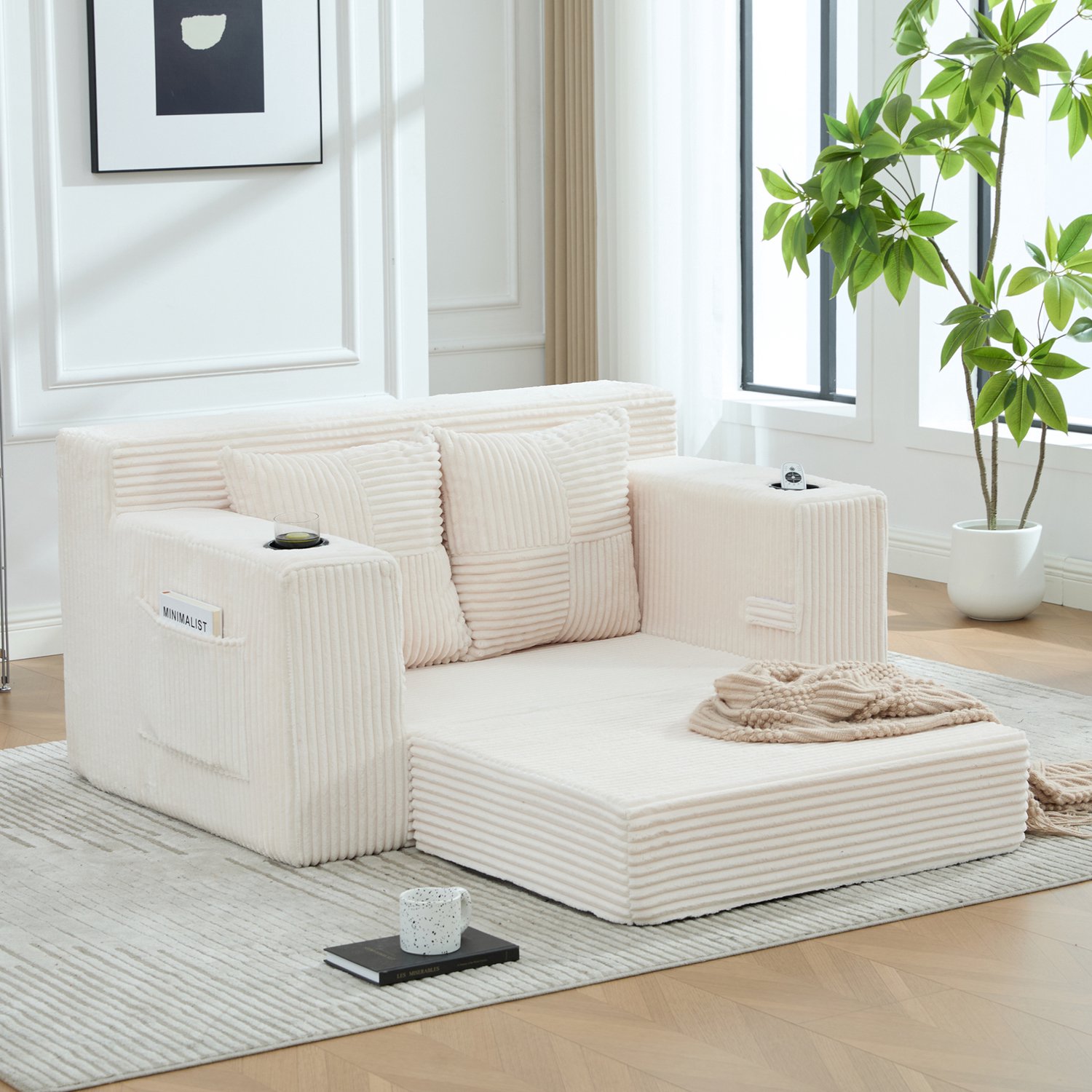 Wishdor 2-zits slaapbank - Uitklapbaar voor zitten en liggen - Met 2 kussens, bekerhouder en zijvakken - Modern en Scandinavisch - Woonkamer slaapkamer - Corduroy - Beige - 151 x 133 x 64 cm