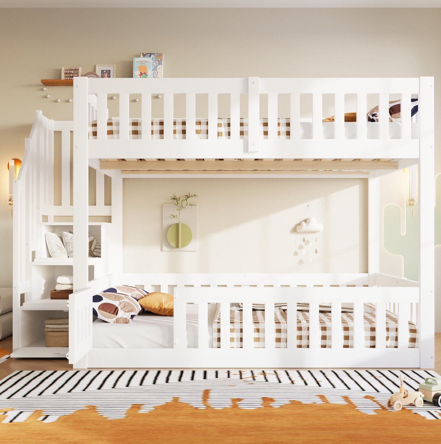 DESMIU Stapelbed 140x200 cm – Laag Kinderbed Met Opbergtrap En Leuning – Lattenbodem – Voor Kinderkamer – Hout En MDF – Zonder Matras – Wit