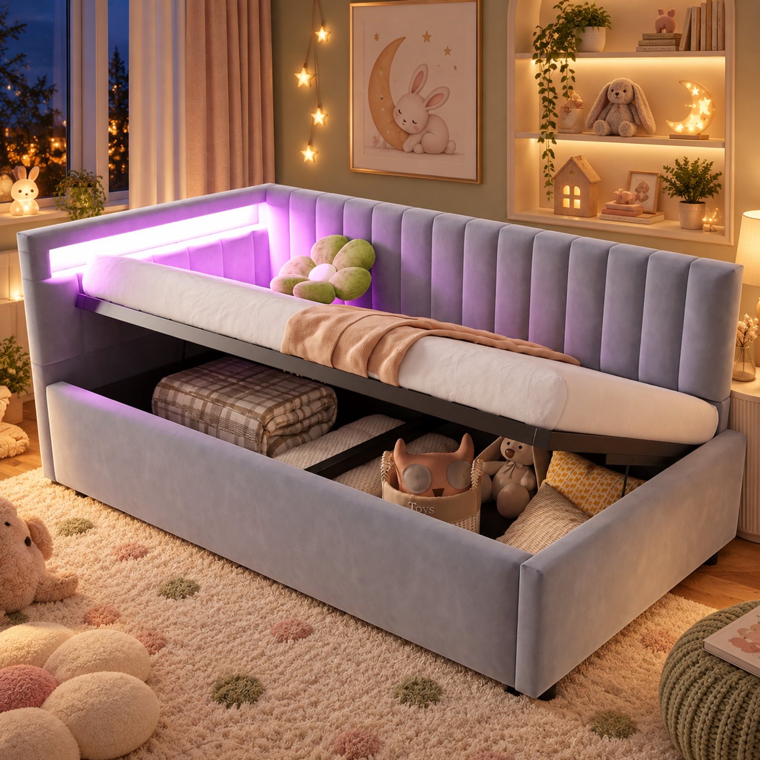 Welltin Eenpersoonsbed 90x200 cm - Kinderbed - Slaapbank - Gestoffeerd bed - Multifunctioneel bed - Opbergbed - Met ledverlichting - Met hoofdbord - Fluwelen stof - Grijs
