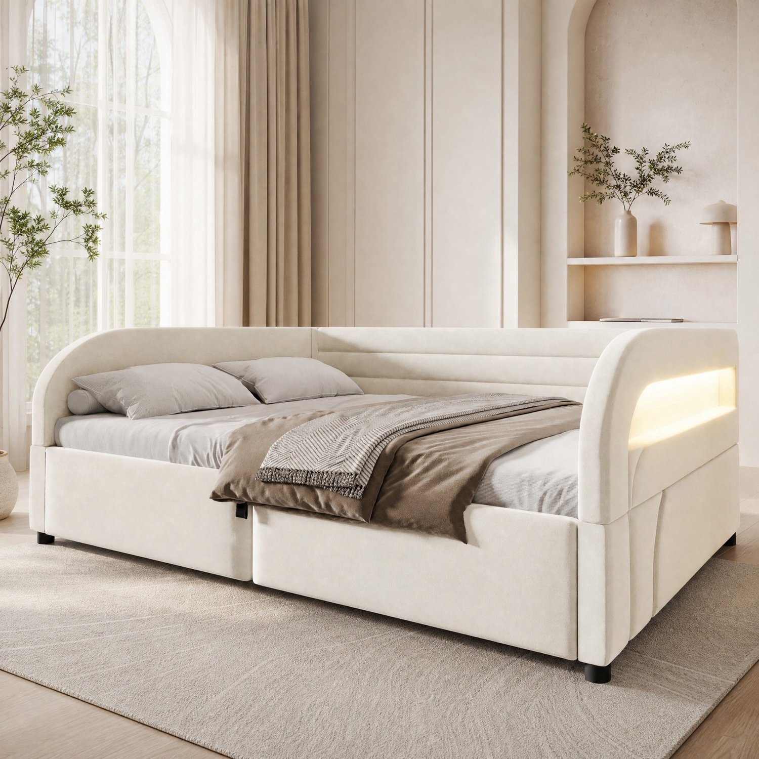 WUVRIE Gestoffeerd opbergbed 140x200 cm - Hydraulische lattenbodem en RGB-ledverlichting - Beige