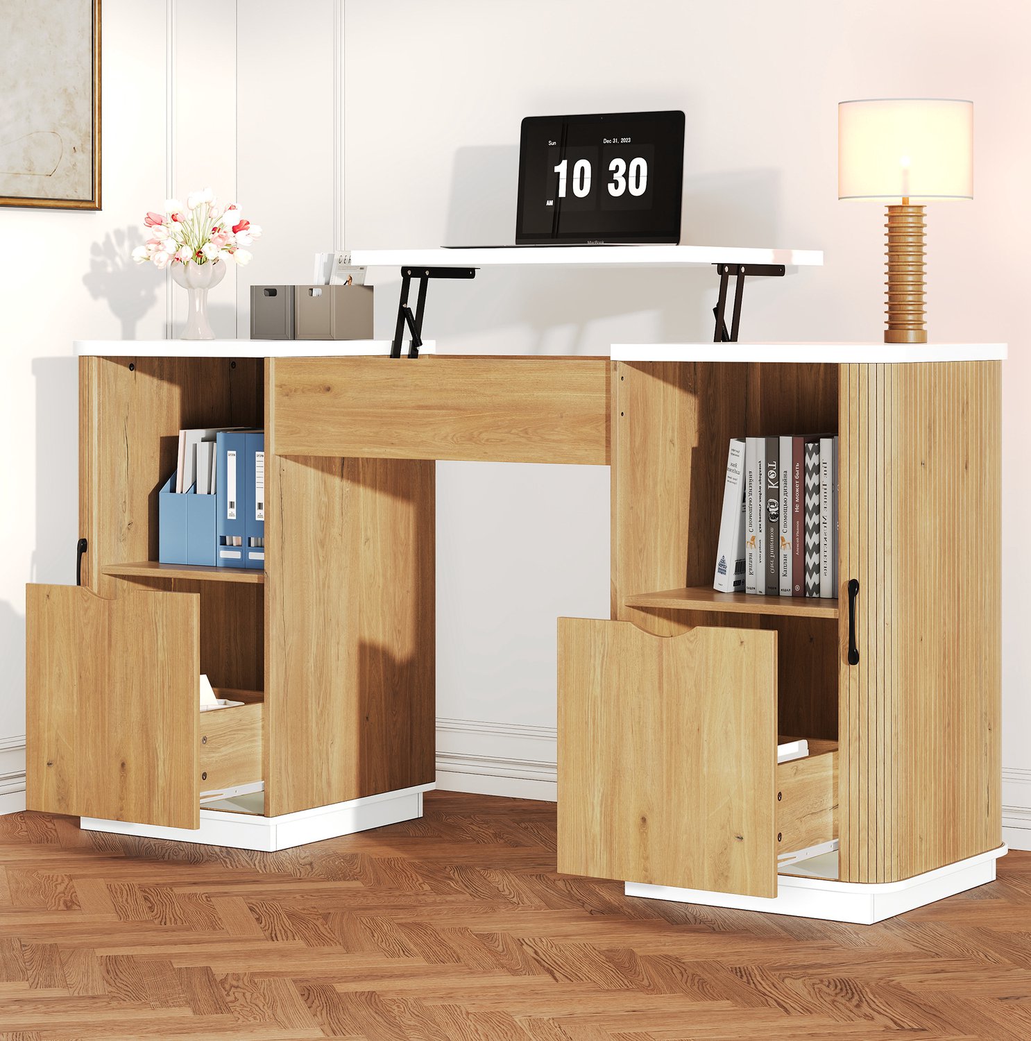 STILVORA Bureau Met Opbergkasten - Handmatig In Hoogte Verstelbaar Met Klapvak - Voor Thuiskantoor - MDF - 140x50x78-92 Cm - Wit Eiken Wit en eikenhout