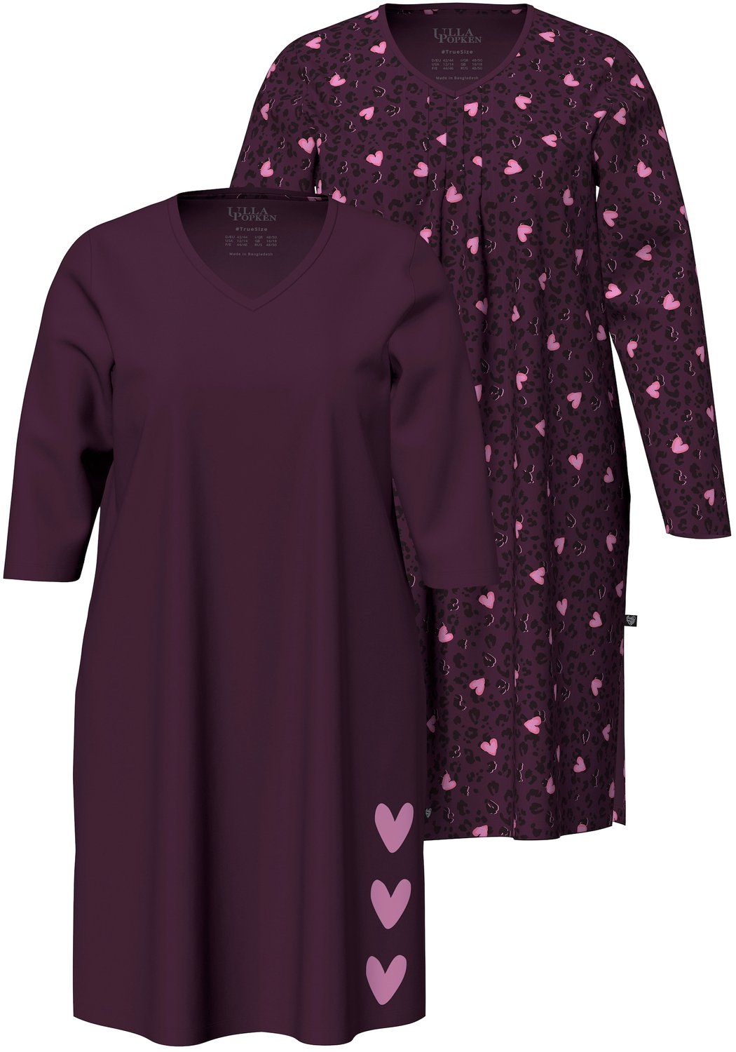 Ulla Popken - Dames - Bigshirts set van 2 harten V-hals lange mouwen - Donkerpruim - Maat 46+