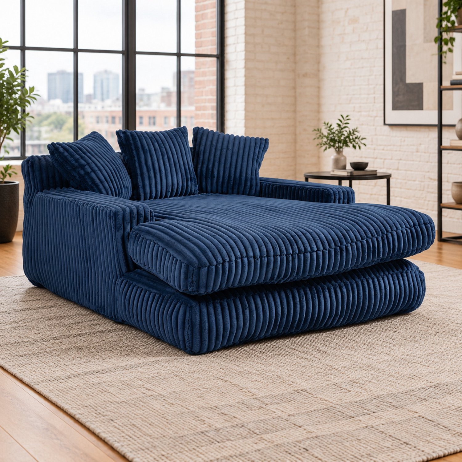 WUVRIE Chaise longue 125x155 cm - Ribstof met 3 kussens en armleuningen - Marineblauw Donkerblauw