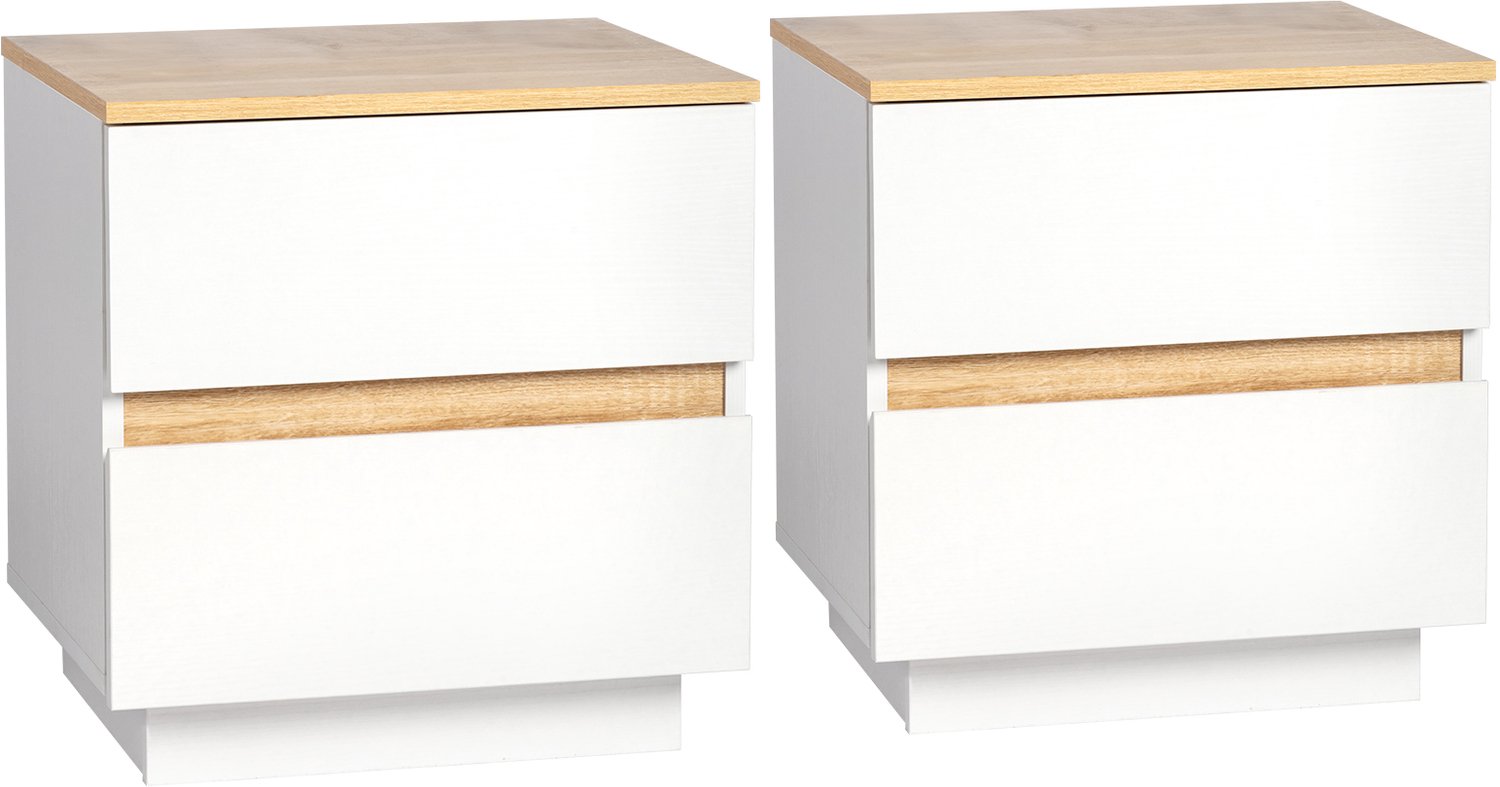 LEADZM Set van 2 Nachtkastjes met 2 lades - Wit;Eiken - 38 x 32 x 40 cm - zonder handgrepen