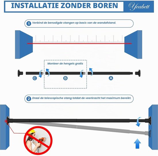 Set van 2 telescopische gordijnstangen zonder boren, 53-119 cm, zwart, verstelbaar en stevig — afbeelding 4