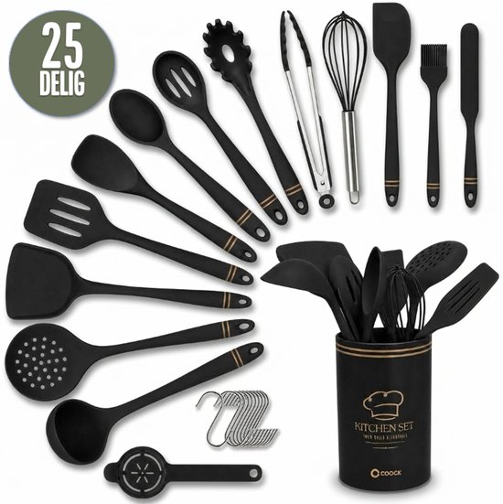 25-delige zwarte keukengereiset met gouden details en bijbehorende zwarte houder.
