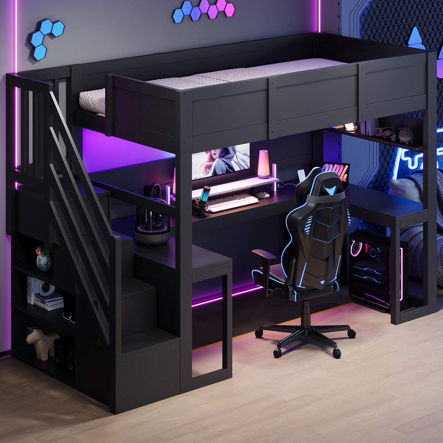 Gaming-hoogslaper (90 x 200 cm) met bureau, Kinderbed, Eenpersoonsbed, trap met opbergruimte, LED-verlichting en USB-aansluiting, Zwart