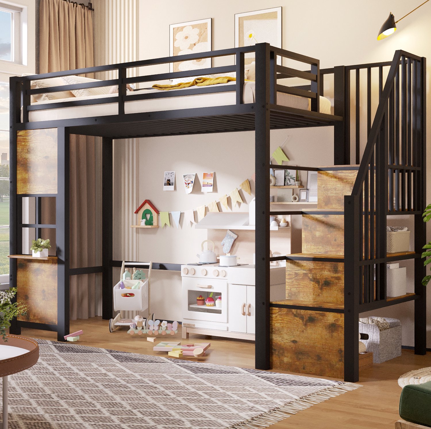 Wishdor Hoogslaper 90x200 cm - Opbergladder en zijrek - Veiligheidshek rondom - Open speelruimte onder bed - Ruimtebesparend kinderbed - Kinderkamer - Metaal en MDF - Zwart