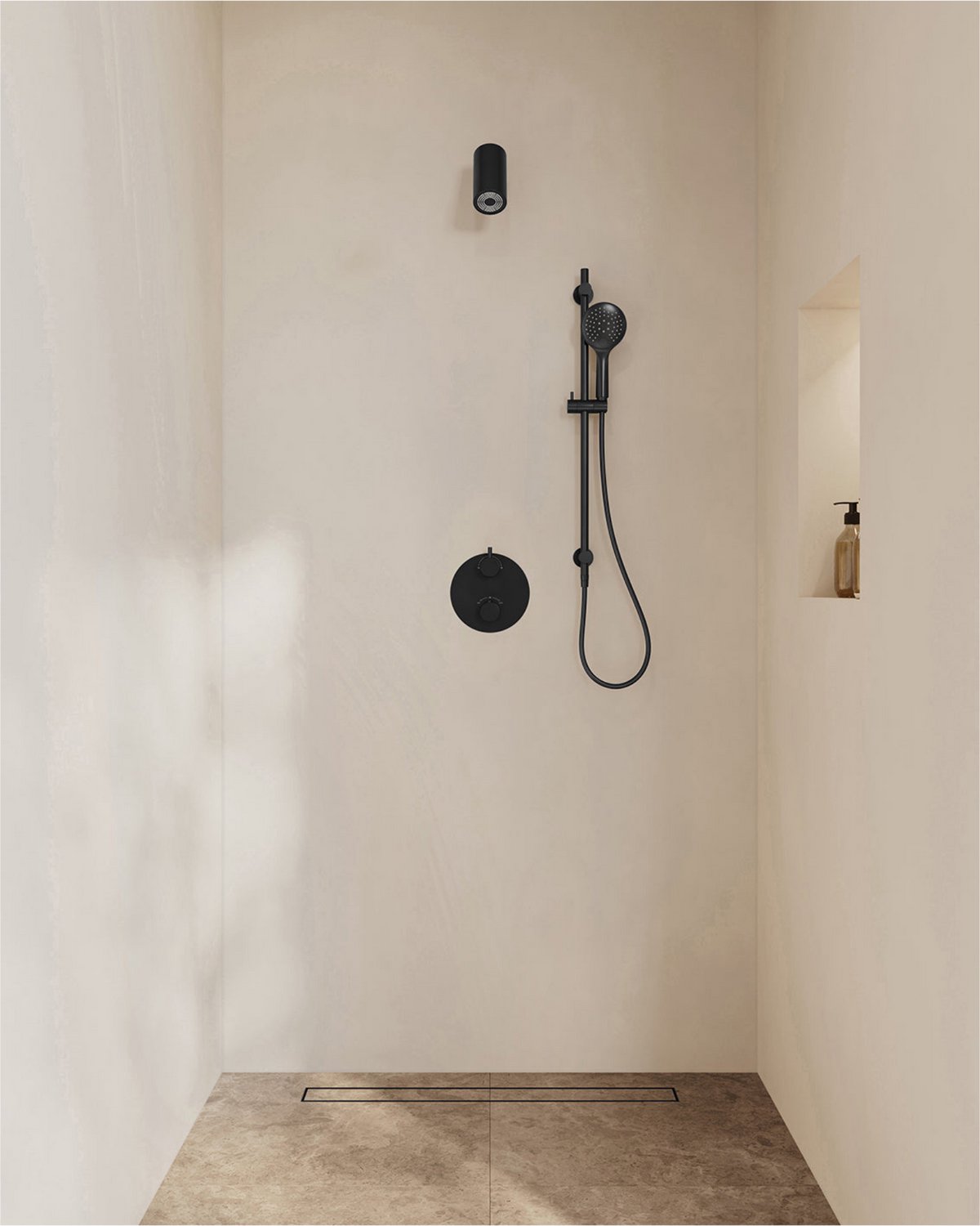 Caral inbouwthermostaat 2 weg rond compleet met Beam hoofddouche en glijstang en 3 standen handdouche mat zwart