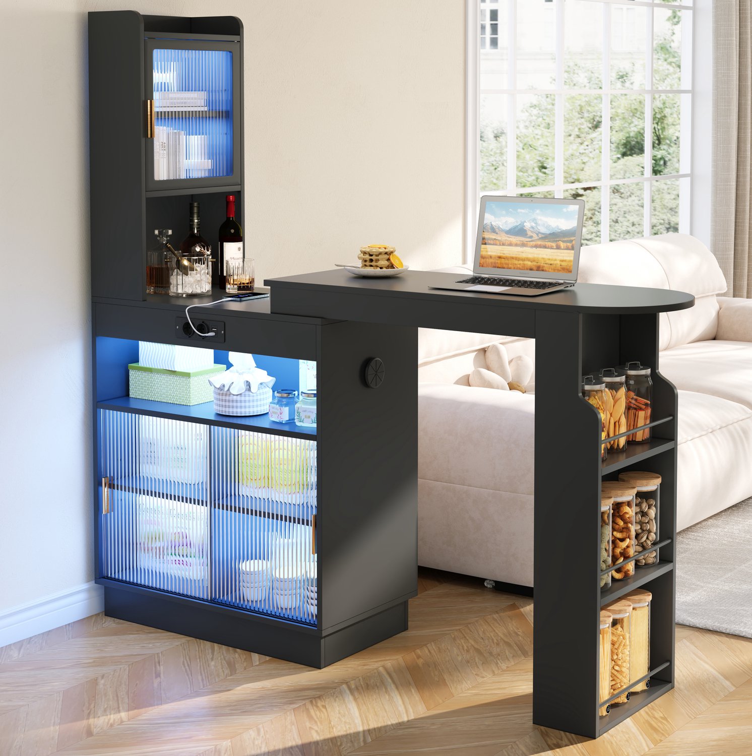 MIVRAY Bartafel Met Uitschuifbaar Blad Ledverlichting En Opbergruimte Voor Keuken En Appartement MDF Zwart 131 Tot 170 x 40 x 170 Cm