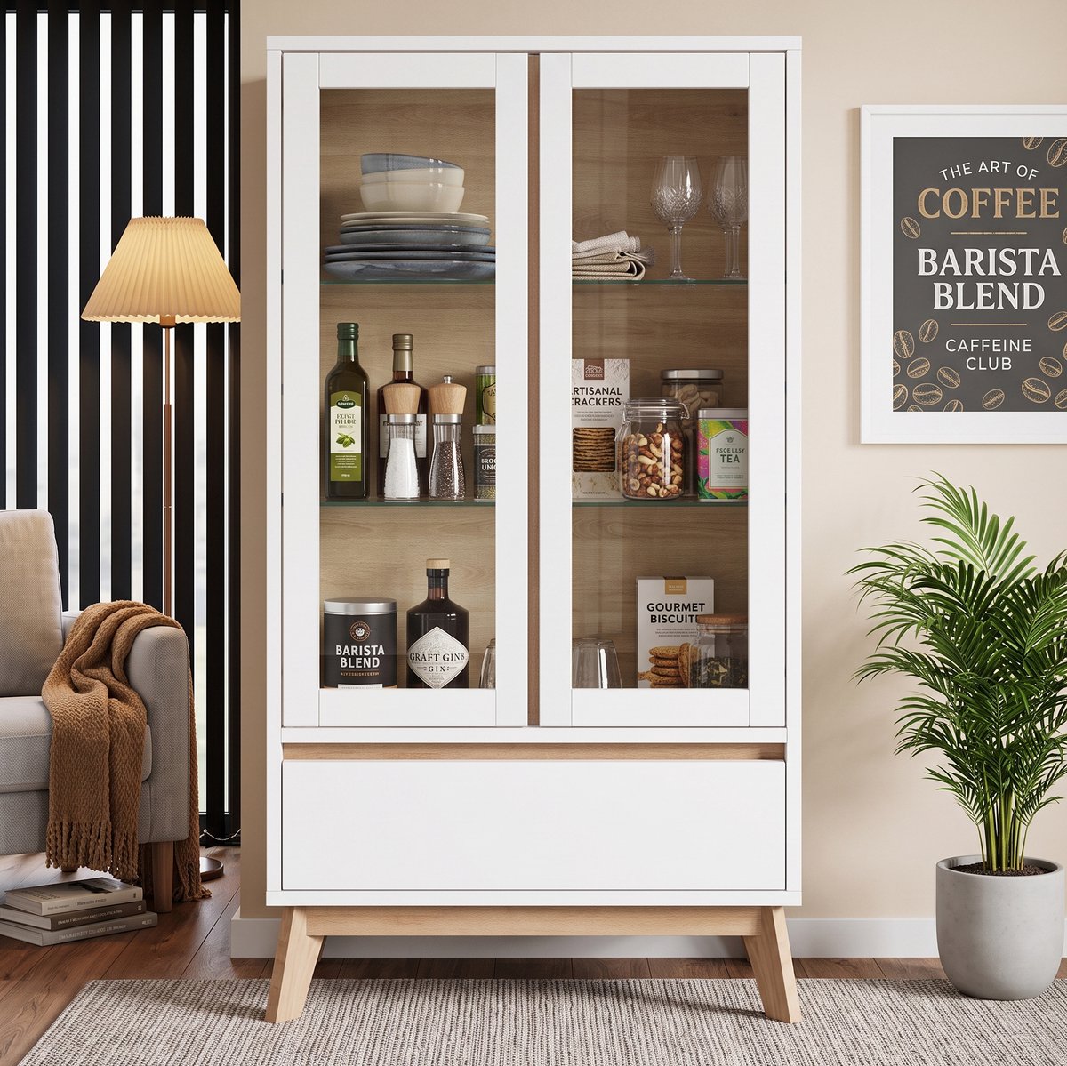 HAUSS SPOLE Keukenkast - Verstelbare Planken En Lade - Voor Keuken Eetkamer Of Woonkamer - Spaanplaat - 80x40x150 Cm - Wit Houtlook