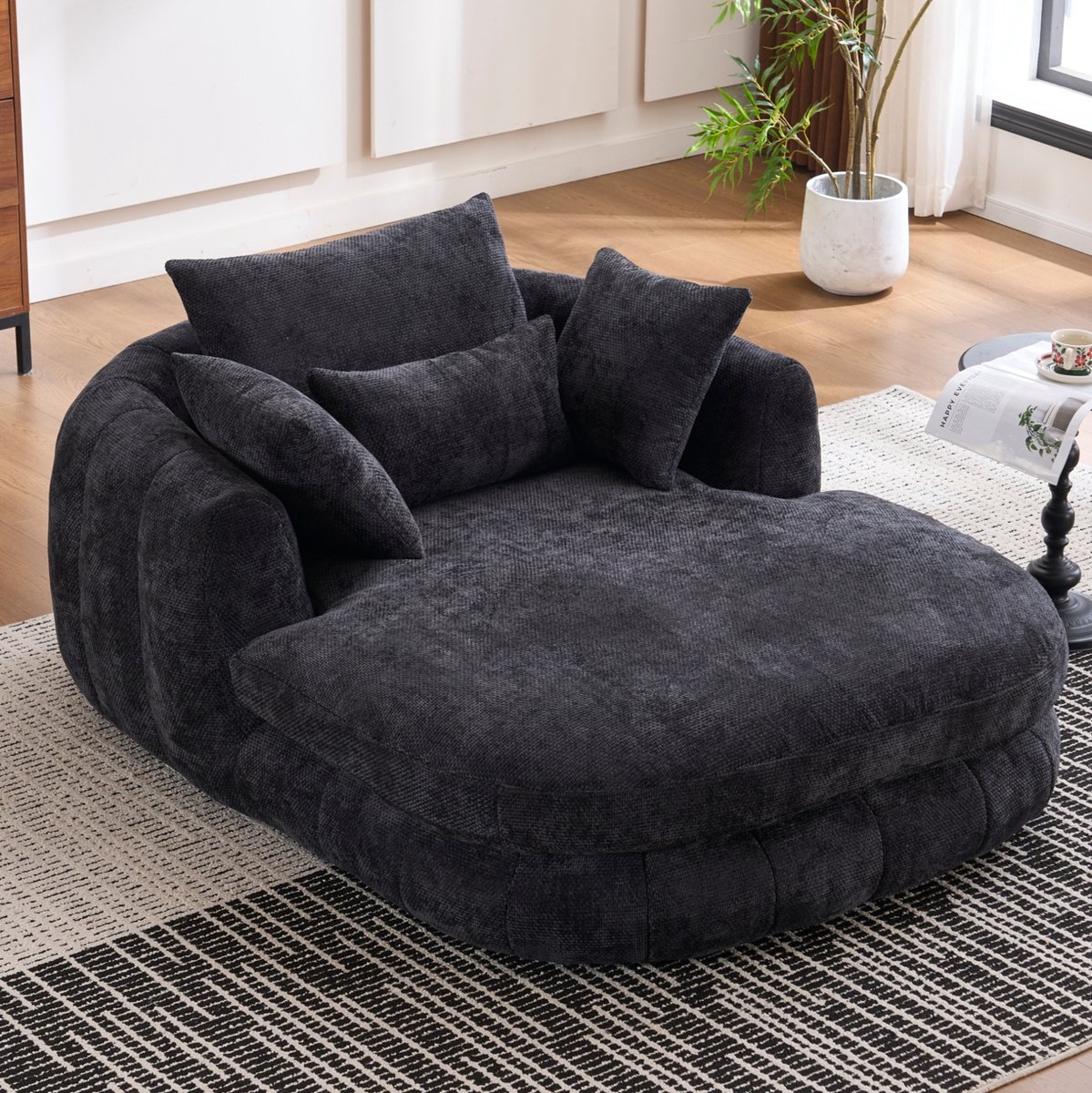 HAUSS SPOLE Chaise Longue - 1-Zits Loungestoel Met Kussens - Diepe Zitting Voor Woonkamer, Slaapkamer En Leeshoek - Chenille Zwart