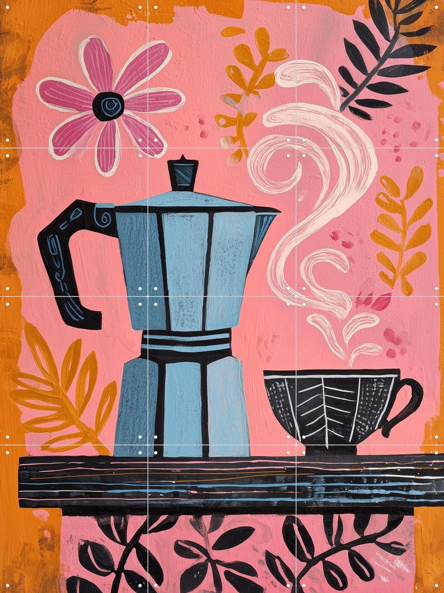 IXXI Coffee In Pink, Branka Kodžoman - 60 x 80 cm - Gratis ophangtool - Grote wanddecoratie en posters - Kleurrijk, Illustraties, Eetkamer, Keuken