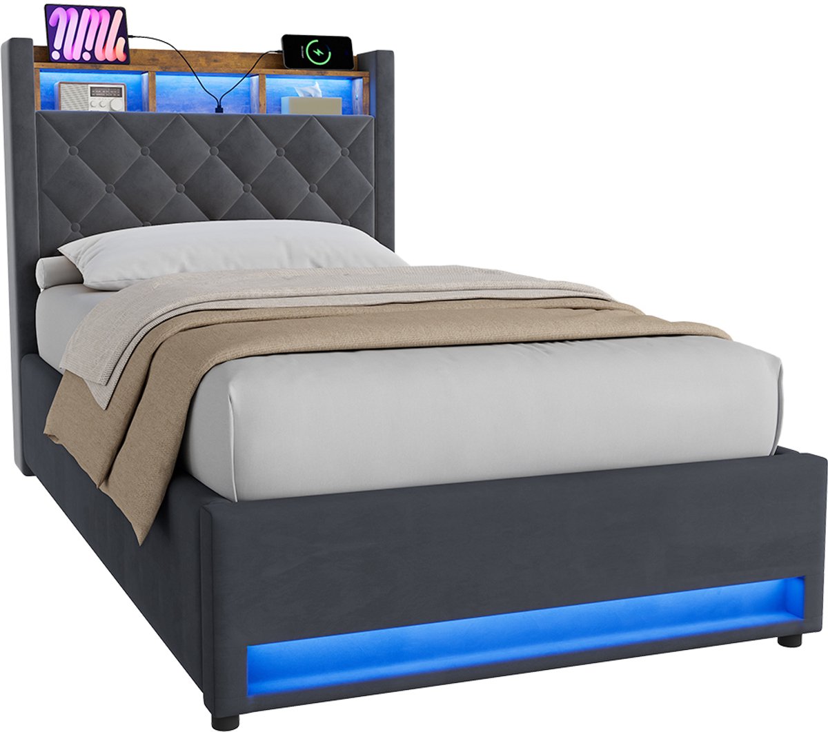 MODENUIT Gestoffeerd Bed 90x190 cm - Met Opbergruimte en USB Aansluiting met LED Licht - Zonder Matras - Fluweel Donkergrijs