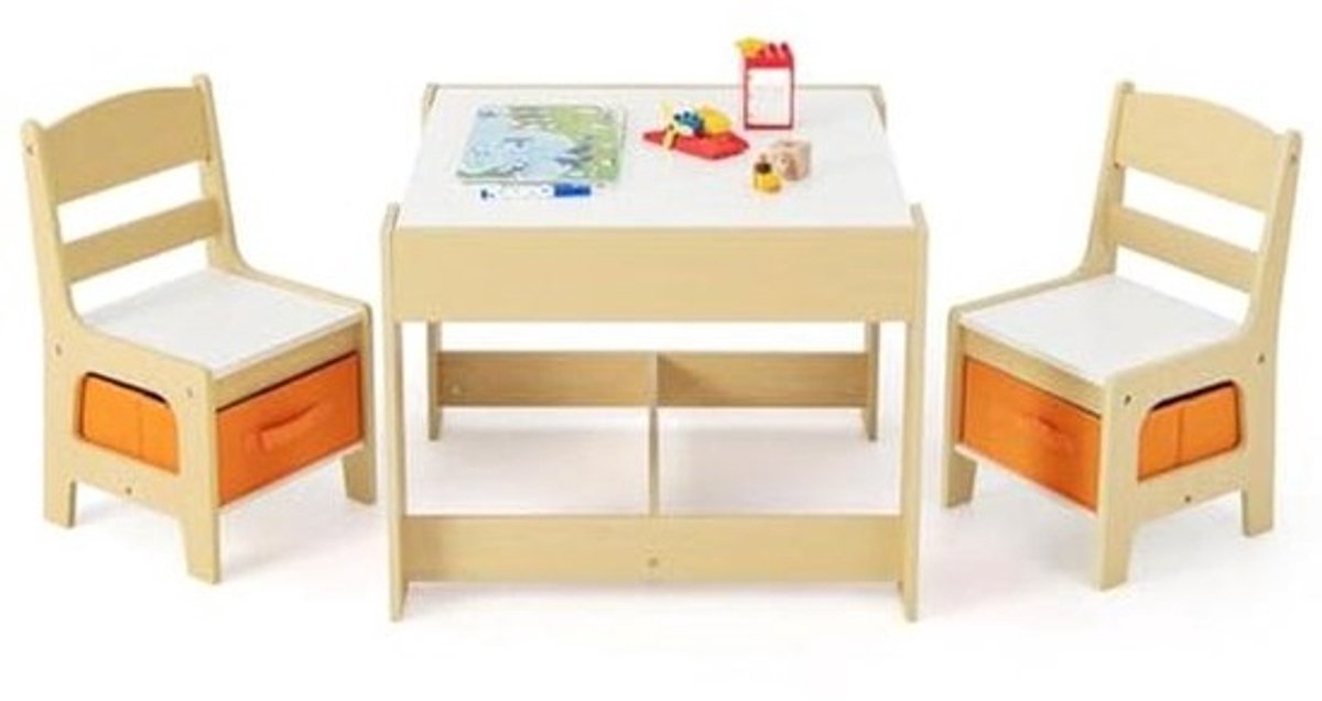 3-in-1 kindertafel- en stoelset - houten activiteitentafel met 2 stoelen - opberglade