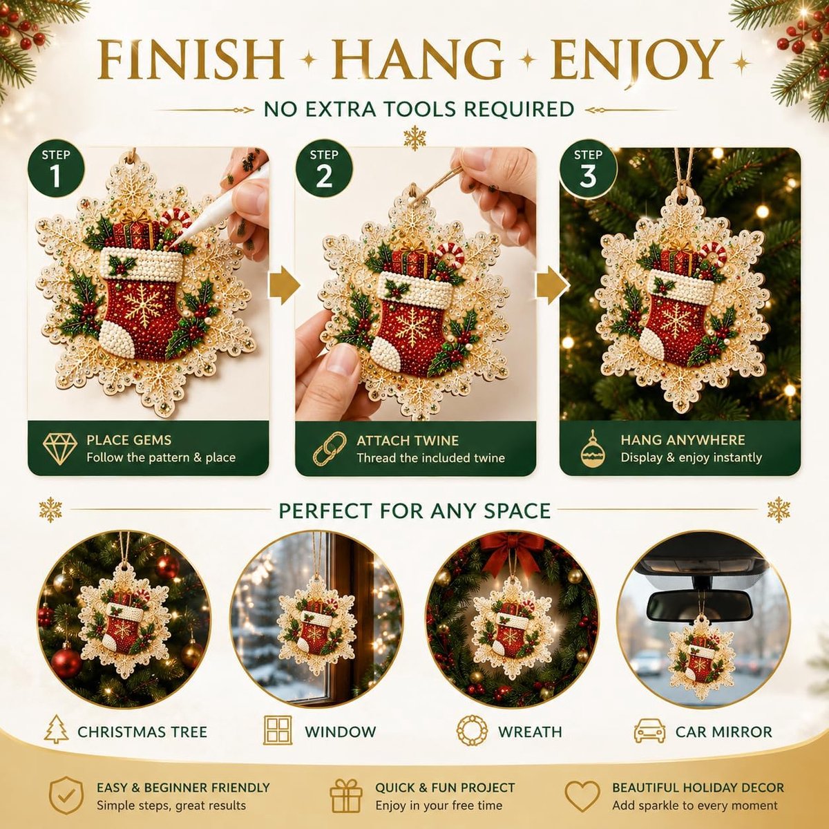 Kerst Diamond Painting Set – Parel Diamond Painting Kersthangers – DIY Knutselset met Houten Kerstornamenten – Kerstboomversiering & Kerstdecoratie voor Volwassenen en Kinderen – foto 4