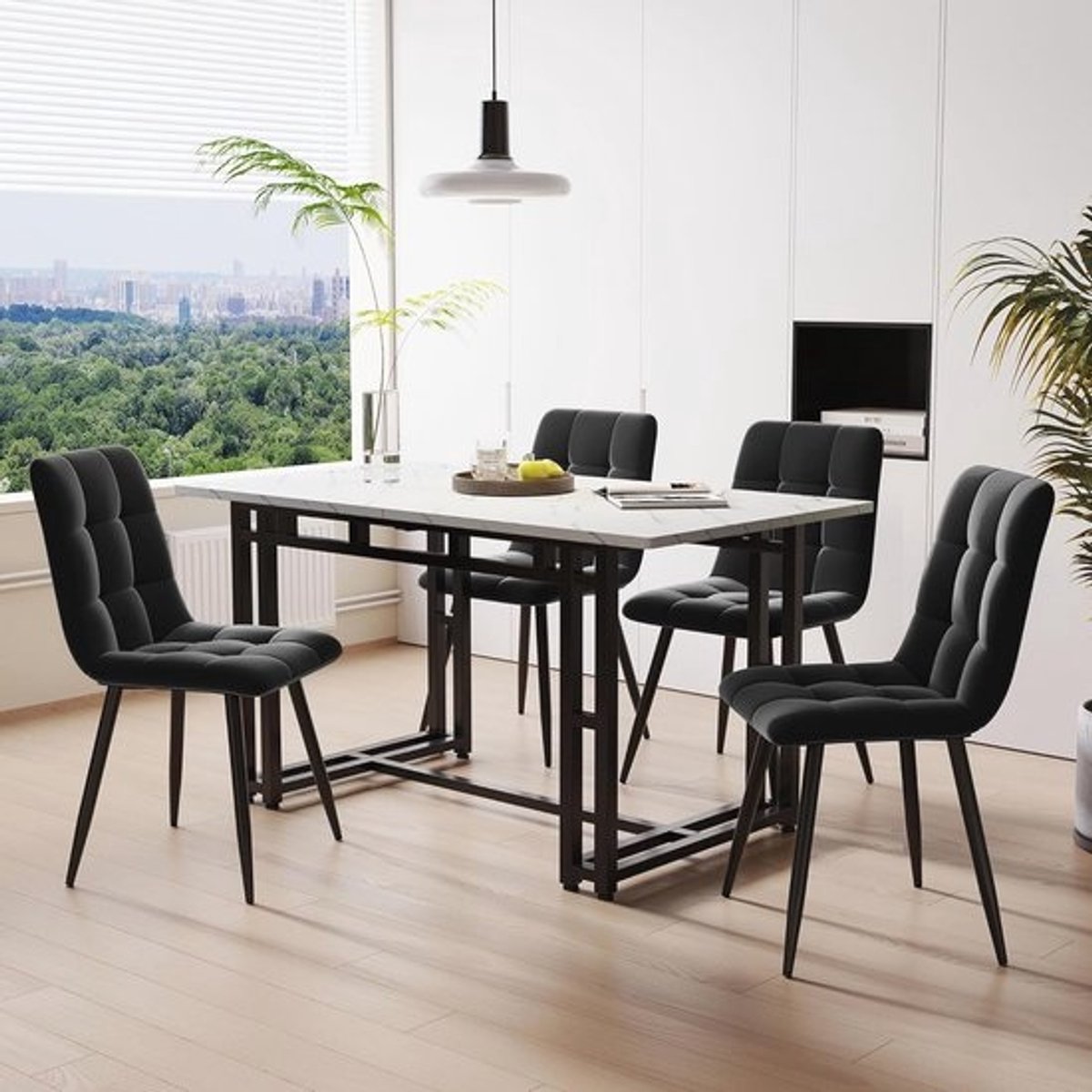 Eettafel met 4 stoelen - 120 x 70 cm - Moderne keukenset - van linnen en ijzer