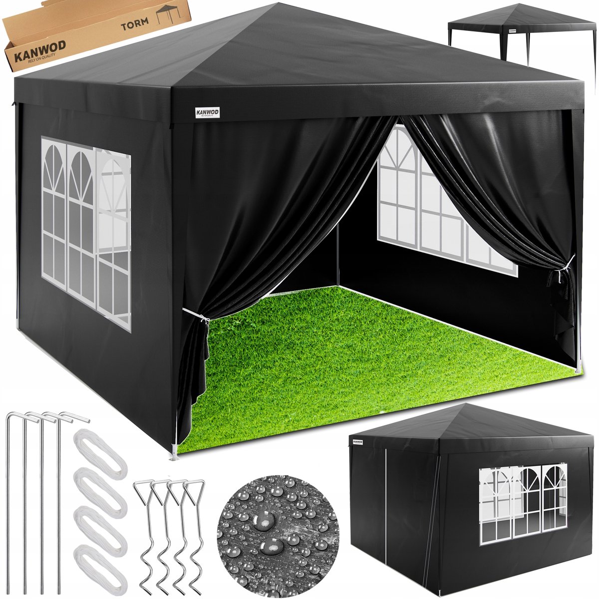 Sterke Tuinpaviljoen 3x3m met 4 Zijwanden en Ramen