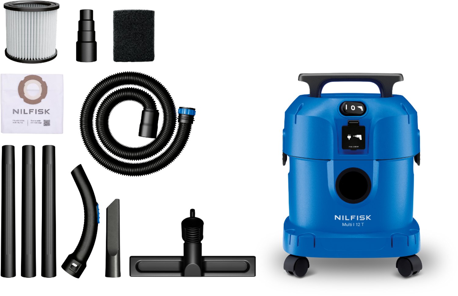 Nilfisk Multi I 12 T Nat- & Droogzuiger 1100W 12L met Stopcontact voor Elektrisch Gereedschap, Blaasfunctie & Power Tool Adapter
