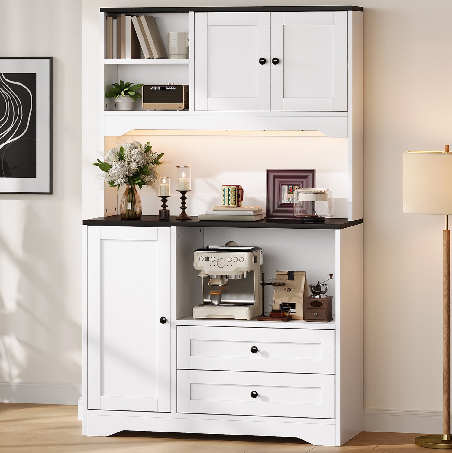 MODENUIT Keukenkast - LED-Verlichting en Stopcontacten - Voor Keuken en Eetkamer - MDF - Wit - 100x40x163 Cm