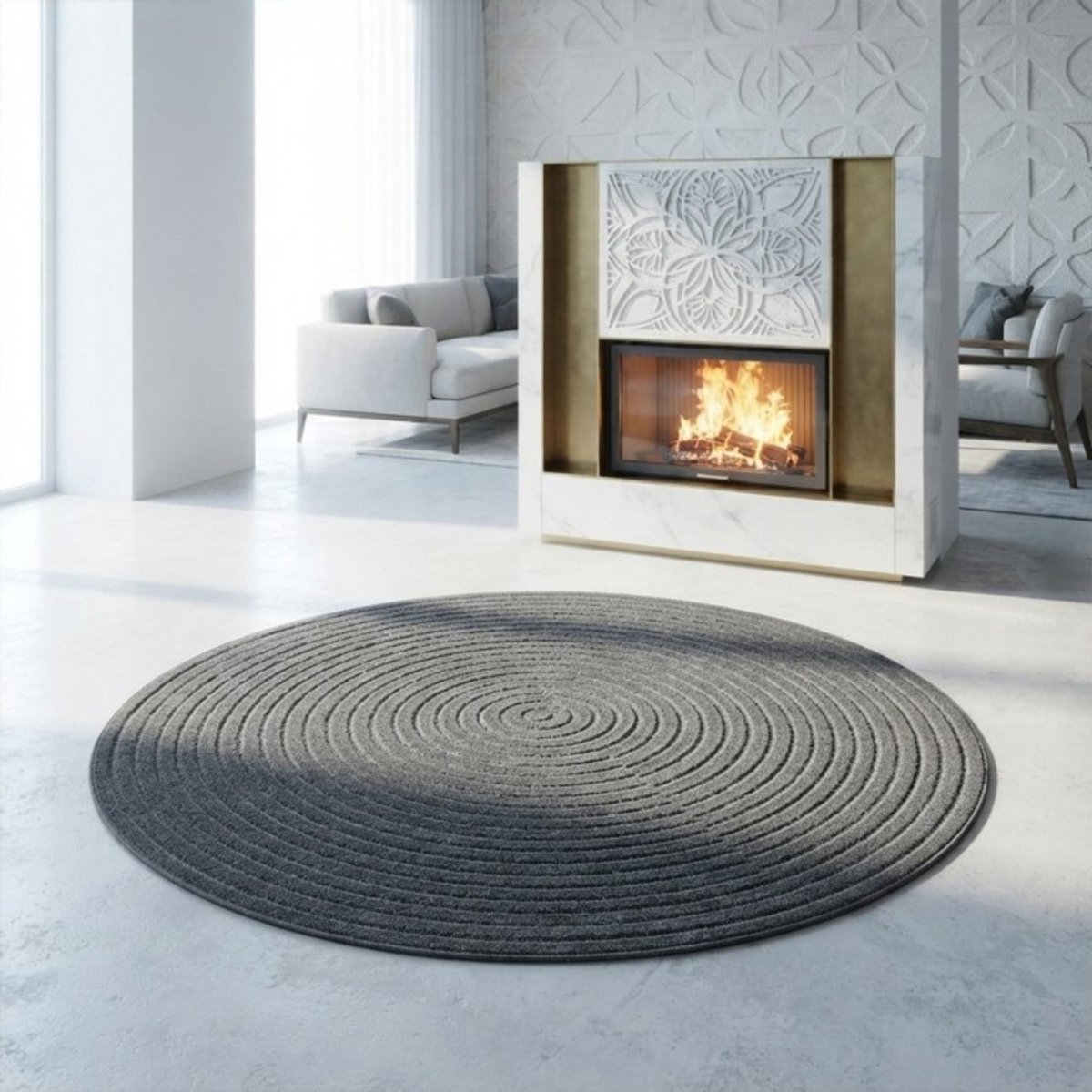 TapisTrend Designer tapijt Antraciet 120 cm rond Rond buitenkleed met minimalistische concentrische cirkels voor terras, balkon, woonkamer en eetkamer