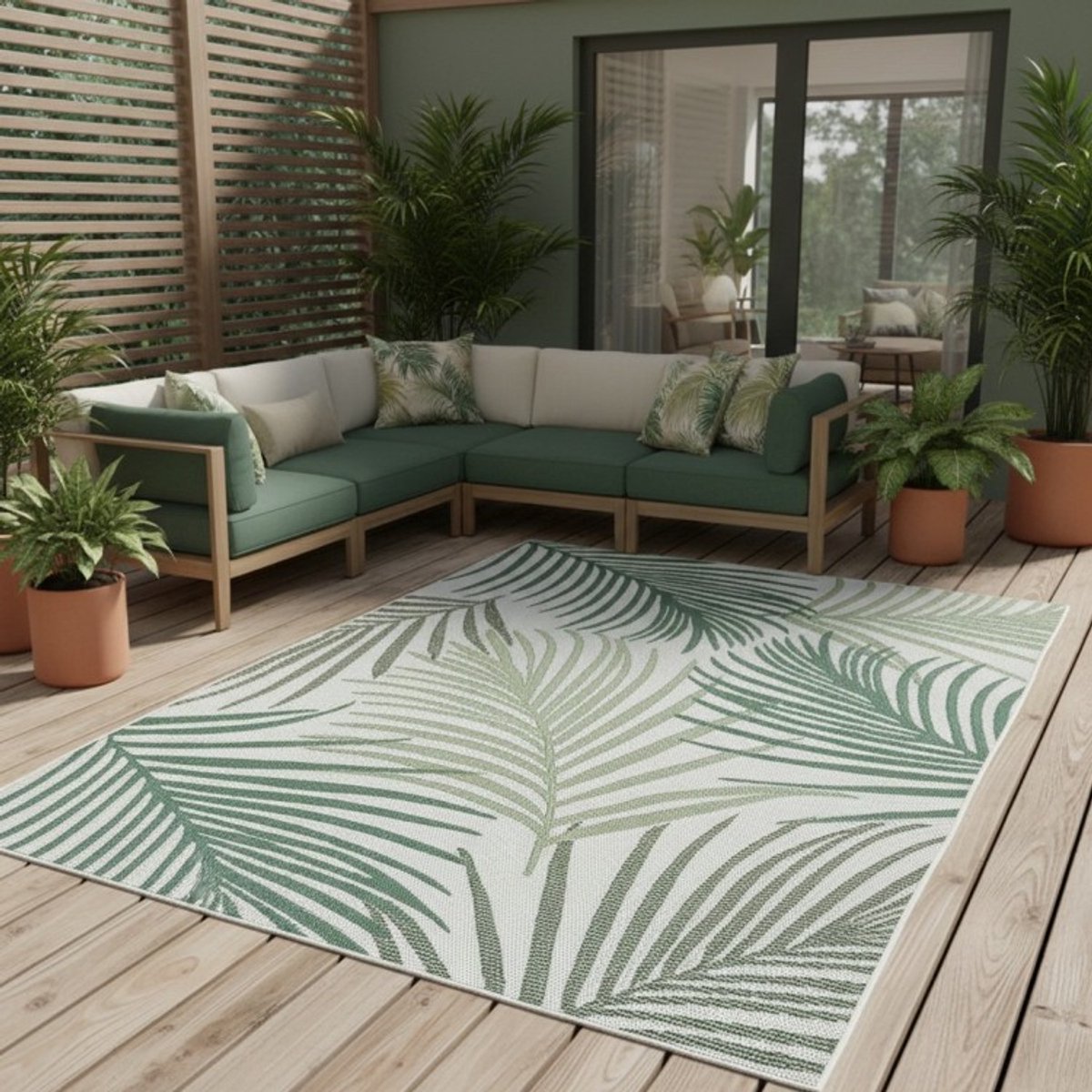 TapisTrend Designer tapijt Groen 200x280 cm Tropisch met palmbladeren en sisal-effect, geschikt voor binnen- en buitengebruik op terrassen, balkons