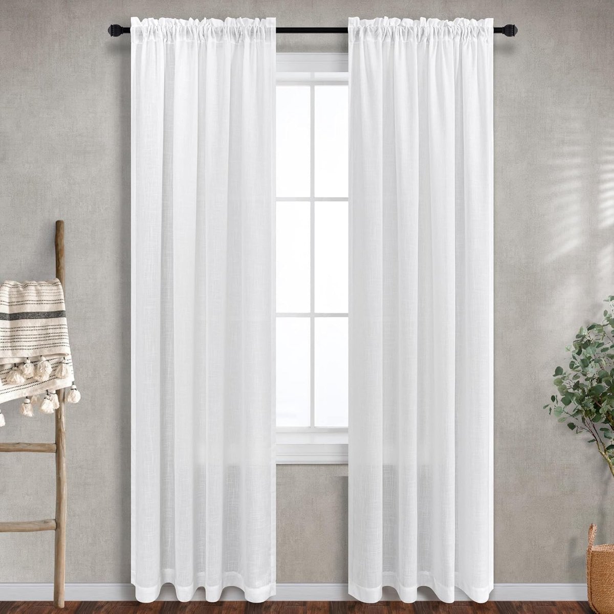 Witte linnen gordijnen van 213 cm lang, 91 cm breed, semi-transparant, lichtfilterend, met roedezak, voor kleine ramen in woonkamer en slaapkamer