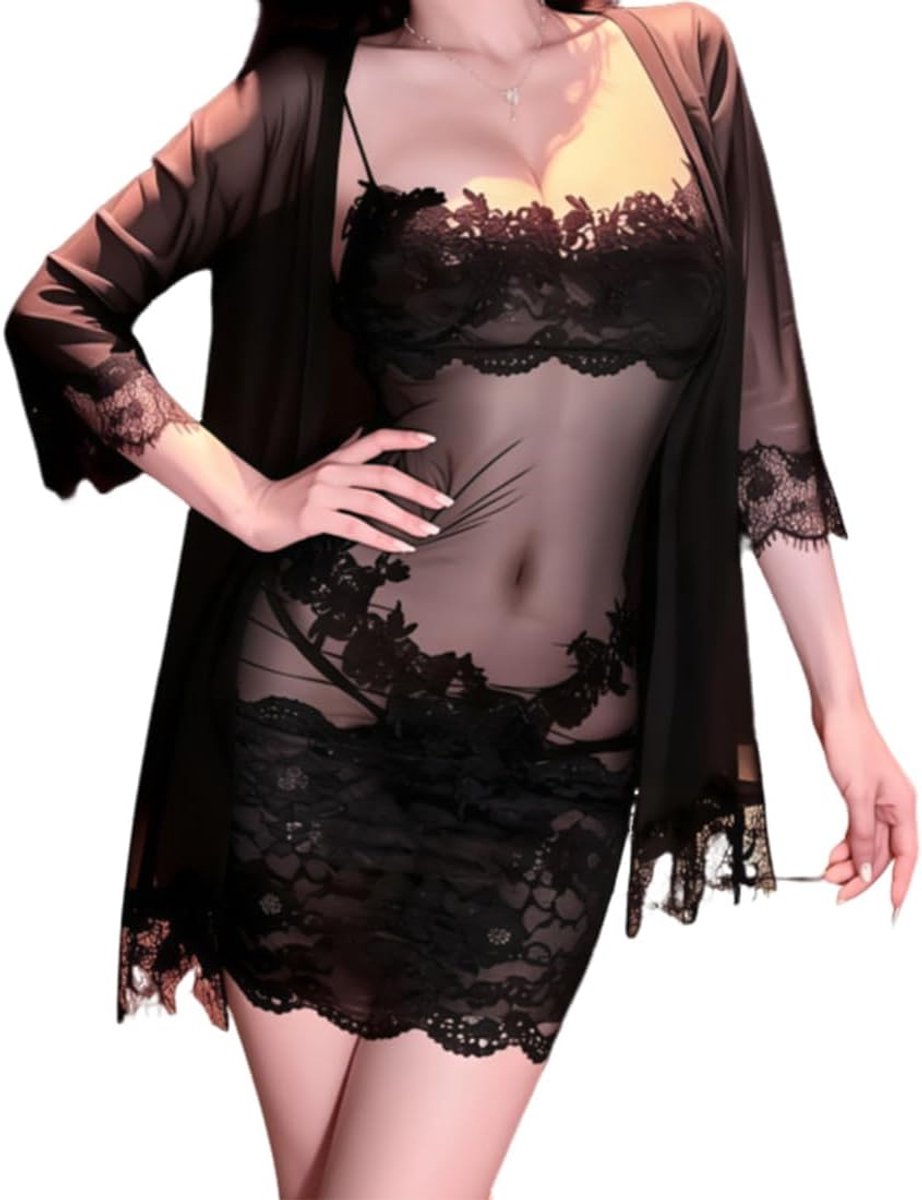 Pyjamaset voor dames, Sexyhot, zwart, 1 compleet: body met open bovenlichaam van kant en mesh met vest met halflange mouwen, zacht, ademend voor thuis, afspraken en geschenken