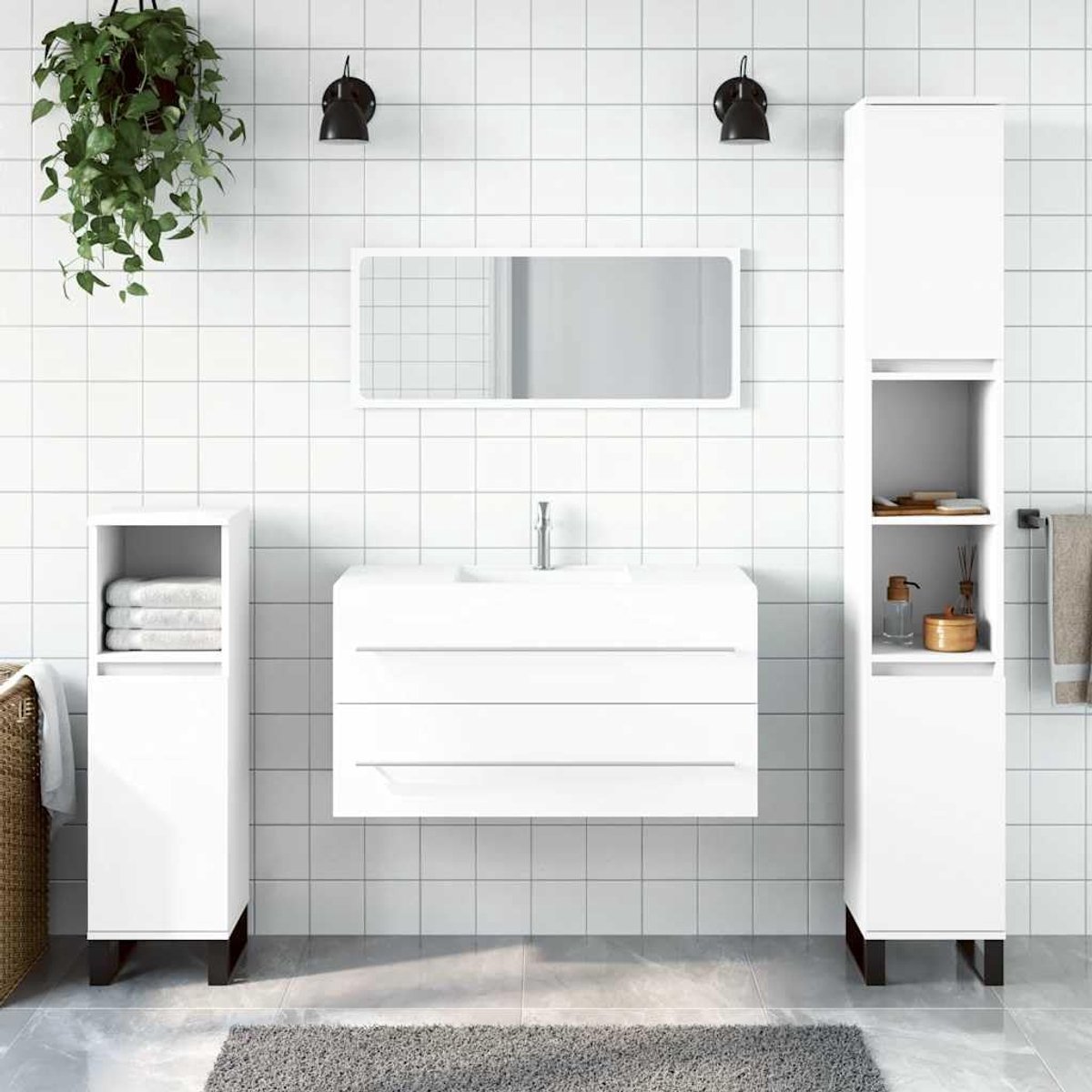 Badkamerkast met spiegel, wit, houtmateriaal, wandmontage