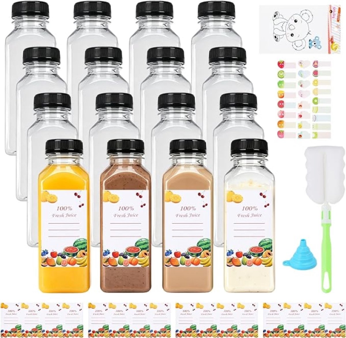 16 stuks 350 ml lege plastic flessen om te vullen - herbruikbare PET flessen met zwarte deksel, stickers, trechter en borstel voor sap, melk en water