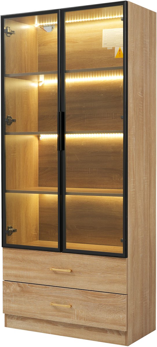 Badkamerkast 75 Cm Breed Met Lichtlijst - Hoge Opbergkast Met 2 Grote Lades En 2 Deuren - Glazen Deur - MDF - Bruin - 170 Cm Hoog