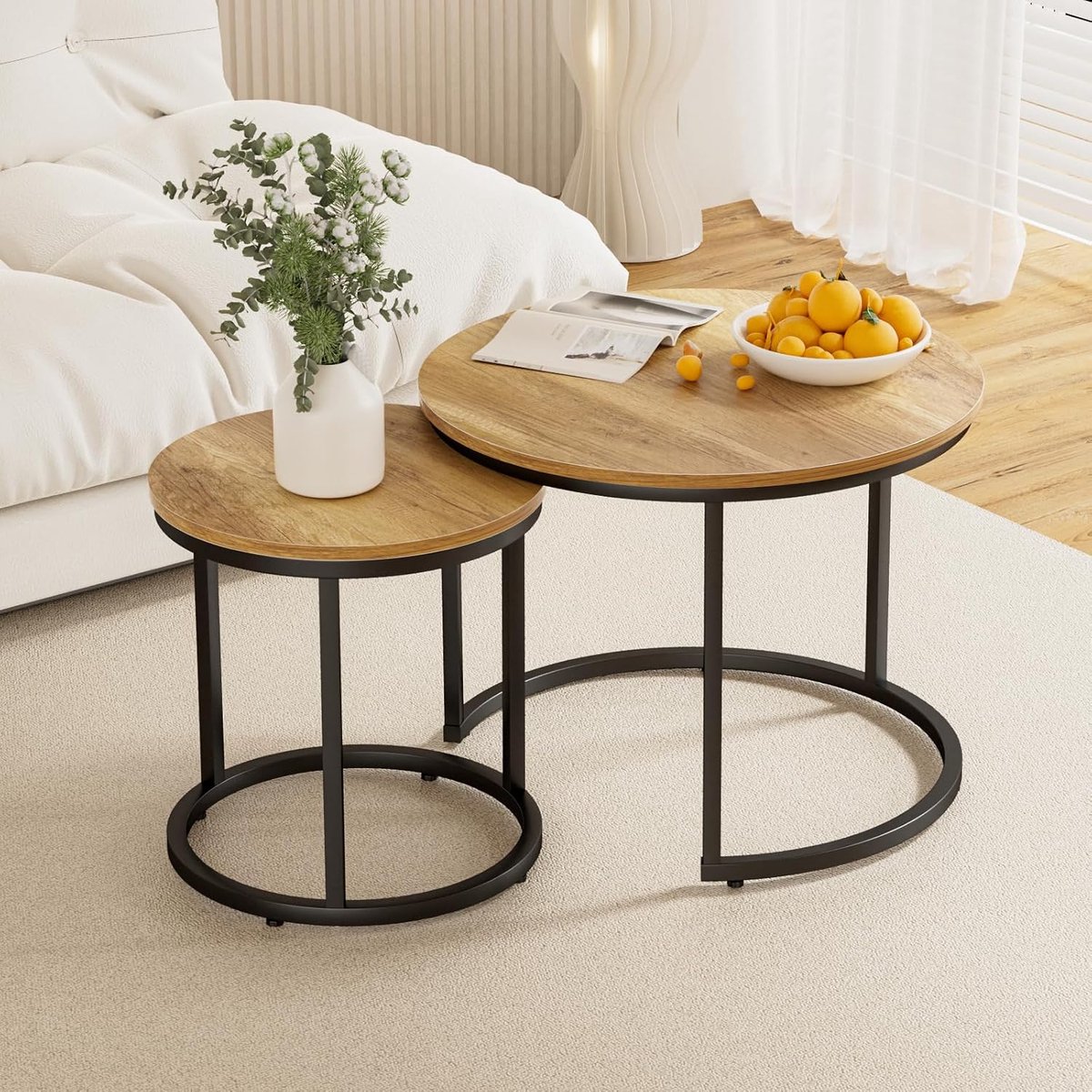 Nesting Salontafel Set van 2, 60 cm Ronde Salontafel Bruin Hout met Verstelbare Antislip Voeten, Industriële Bijzettafel Kanttafels voor Woonkamer Slaapkamer Balkon Tuin