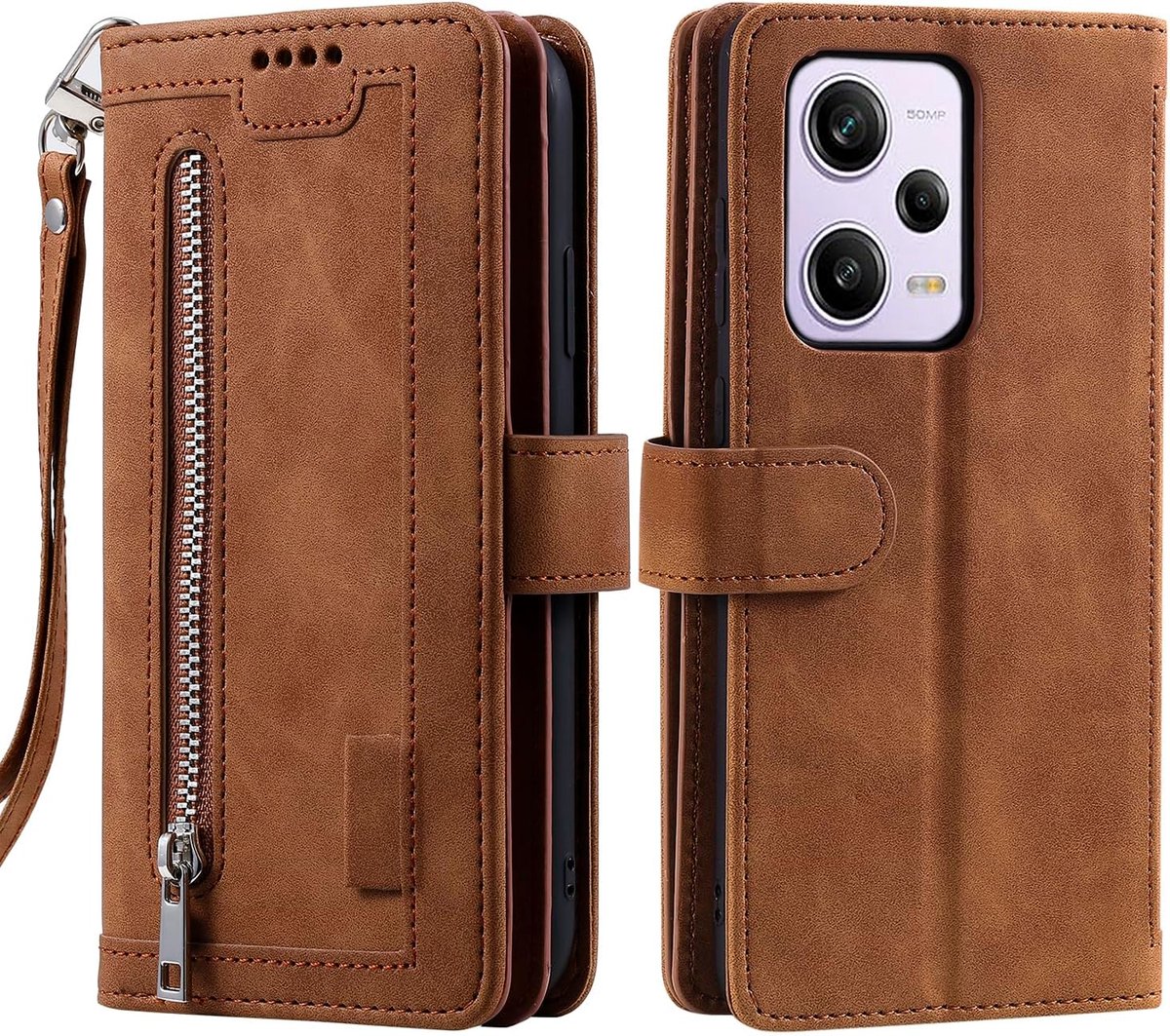Hoes voor mobiele telefoon voor Xiaomi Redmi Note 12 Pro 5G, klaphoes voor mobiele telefoon, beschermhoes, klaphoes, met kaartenvak, telefoonhoes, bookcover, flip case, standaard, bruin