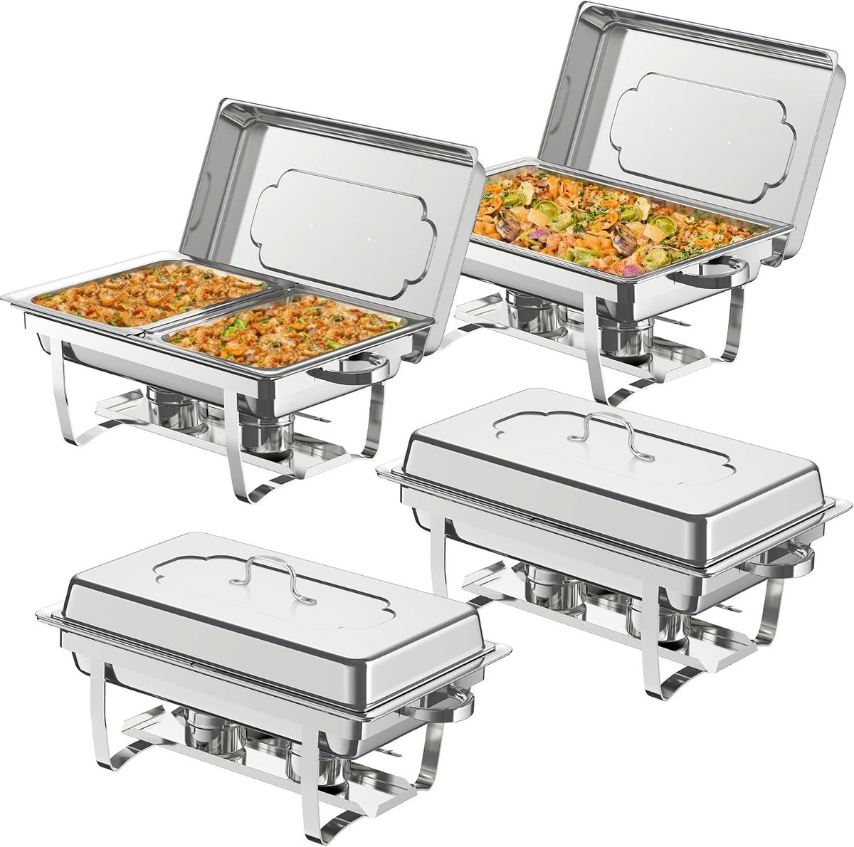 Chafing Dish Buffetset, 4 stuks, 9 liter, Chafing Dish voedselverwarmers van roestvrij staal, catering serveerrek met inklapbaar frame, voedselpannen in volledige en halve grootte met tangen