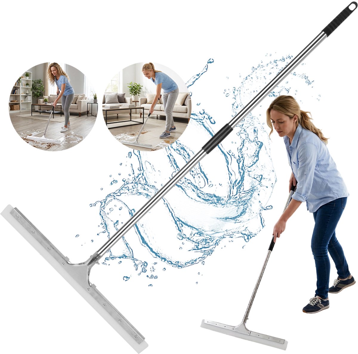 60 cm En Siliconen Blad – Vloertrekker Van RVS Met Lange Steel – Geschikt Voor Nat En Droog Gebruik En Ergonomisch – Ideaal Voor Badkamer, Keuken, Terras En Zwembad – Zwart