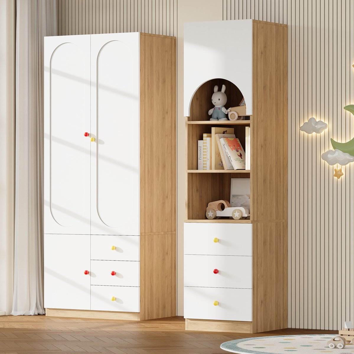 MODENUIT Kledingkast Set - 2 Deuren en Open Opbergkast - Kinderkamer - MDF - Wit Naturel - 130x50x200 Cm Wit en houtlook