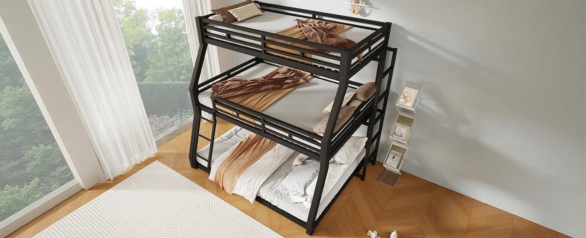 Dreifach Etagenbett 140 x 200 cm - Stapelbed Metaal Zwart - Hoogslaper 140x200cm zonder Matras