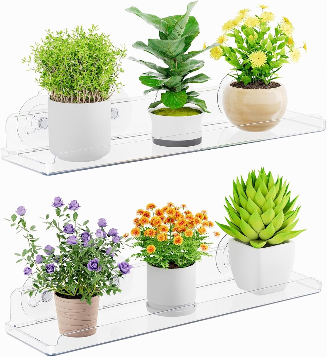 Floating Shelves voor Raamdecoratie, 15 inch, 2 Stuks, Acryl Plank met Zuignappen voor Binnenplanten, Vetplanten, Kruidensets en Zaadstarters