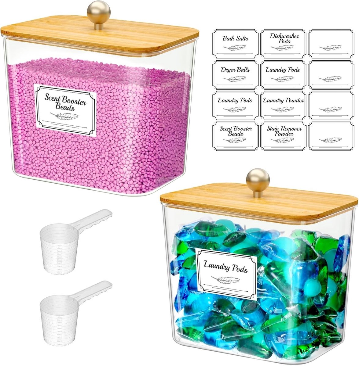 Duidelijke en praktische opbergcontainers voor wasmiddelcapsules, poeder en tabletten - Set van 2 met houten deksels en labels voor een georganiseerde keuken
