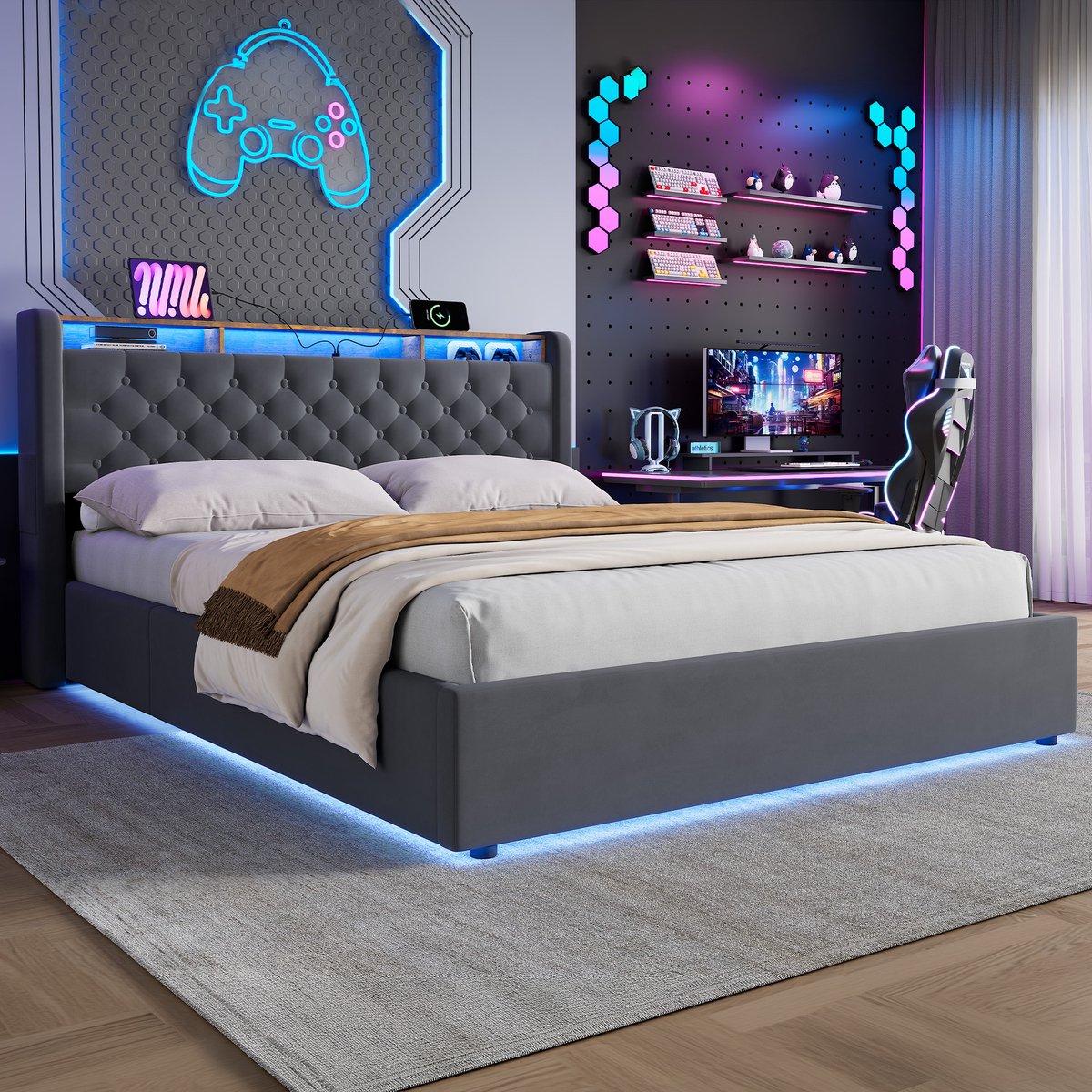 STILVORA Gestoffeerd Bed - 160 x 200 cm - Opklapbare Opbergruimte - Fluweel - Donkergrijs - Met Opbergend Hoofdbord en Lattenbodem