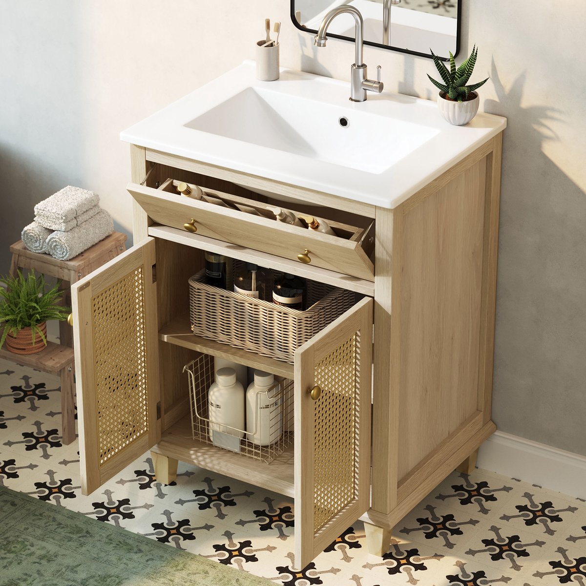 REDOM - Badkamer wastafelonderkast - Klaplade - Verstelbare planken - Rattan deuren - Landelijk - Badkamer - MDF en keramiek - Naturel hout - 61 x 47 x 87 cm
